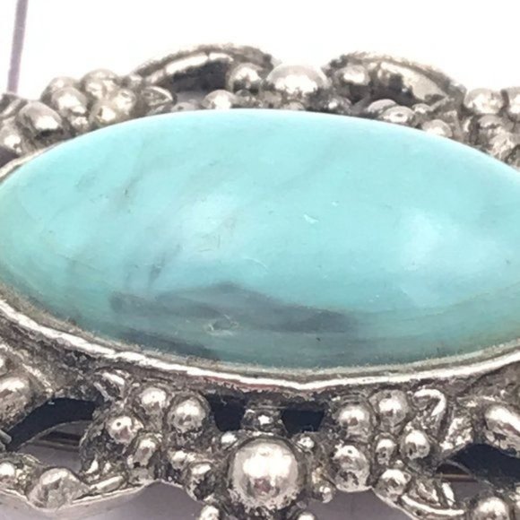 Brooch Ornate Setting Turquoise Cabochon - Picture 4 of 4